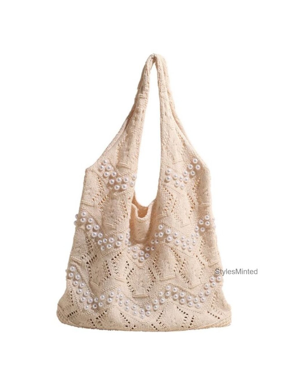Boho Crochet Beach Tote Shoulder Bag with Colored Beads, Knit Hippie Bag for